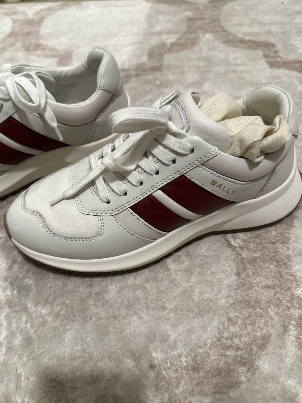 Bally White Leather Sneakers with Burgundy Stripes and Gold Logo